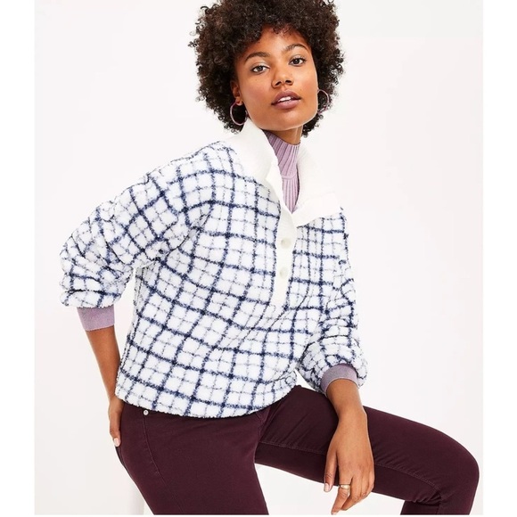 LOFT Windowpane Plaid Trim Sherpa Pullover Whisper White Size M - Picture 1 of 9